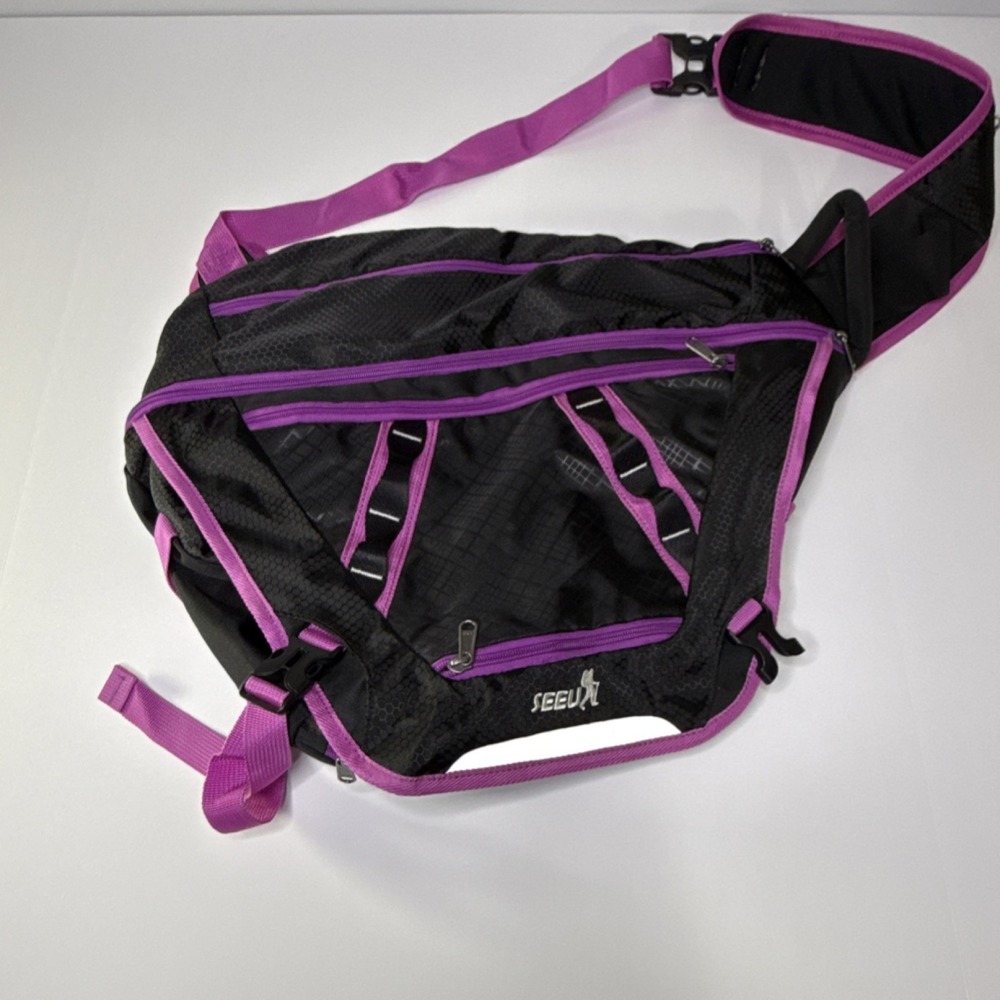 SEEUX Nylon Hiking Shoulder Pack Black Purple Adjustable Size 4 Zippered Pockets
